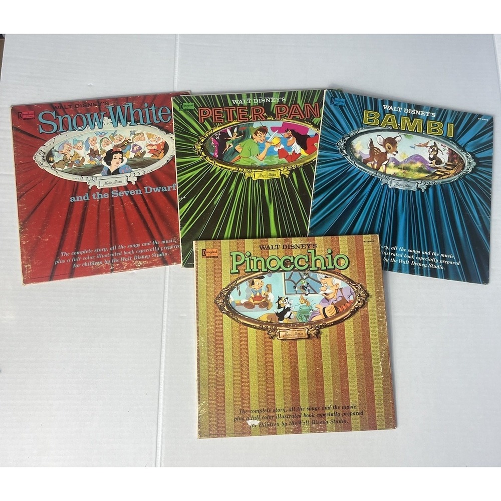 4 Walt Disney Pinocchio Snow White Bambi Peter Pan Disneyland Records Read Descr